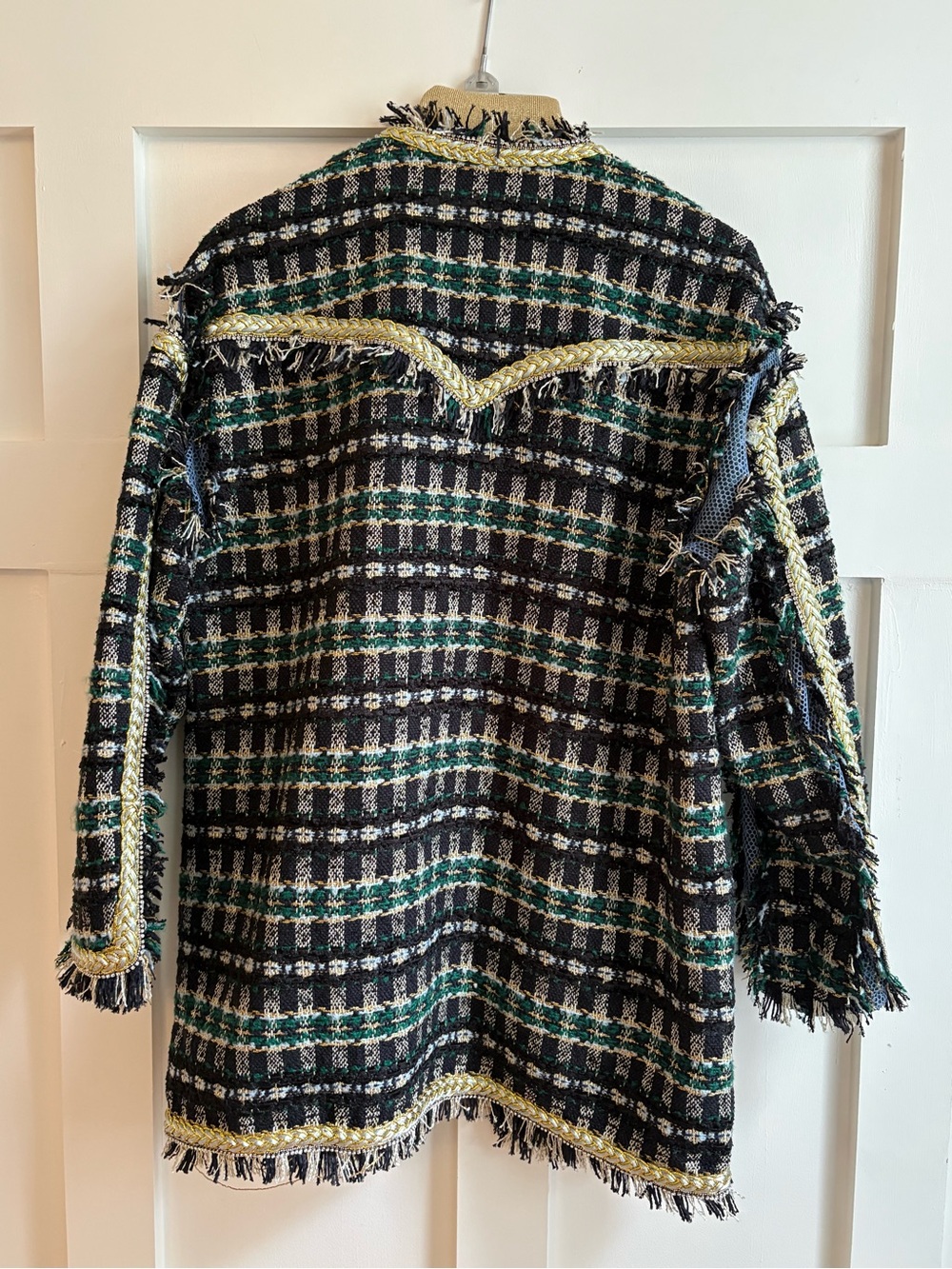 Fiona Chen Fringed Tweed Open Cardigan Jacket - Black, Green, Cream - Picture 10 of 11